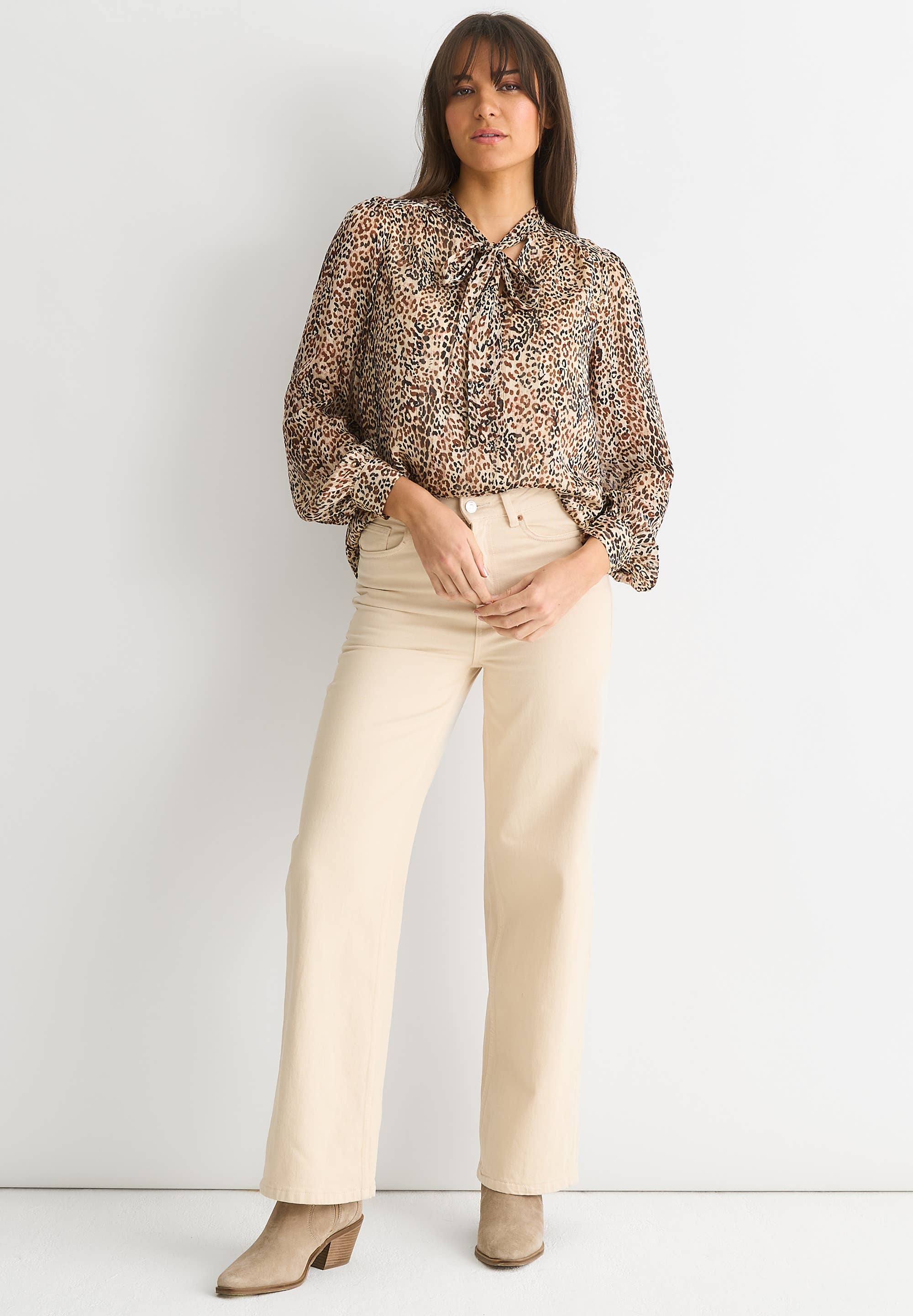 Brown Animal Print Long Sleeve Tie Neck Blouse