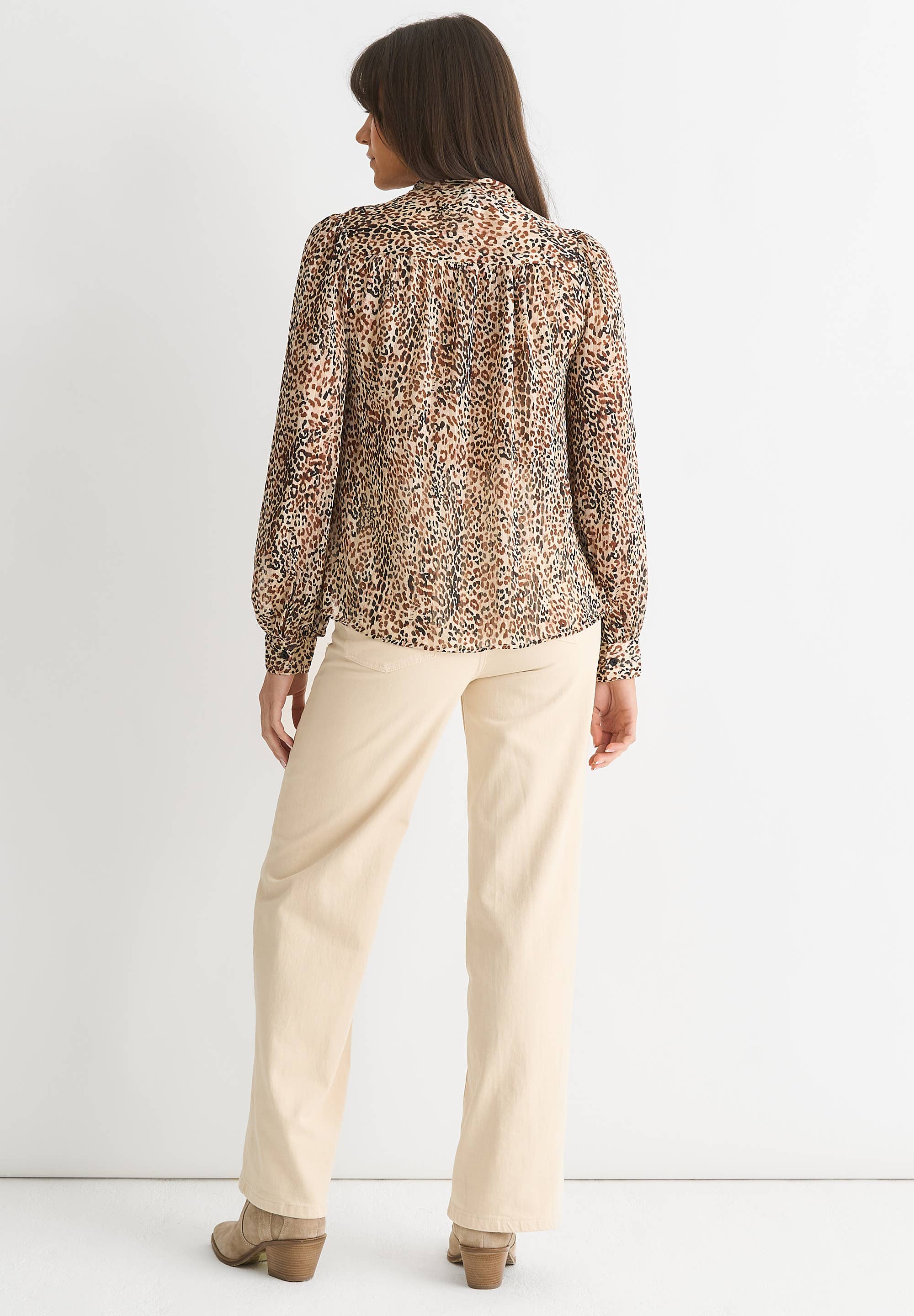 Brown Animal Print Long Sleeve Tie Neck Blouse