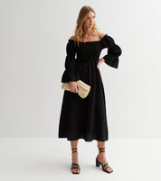 Black Textured Shirred Top Smock Midi Dress