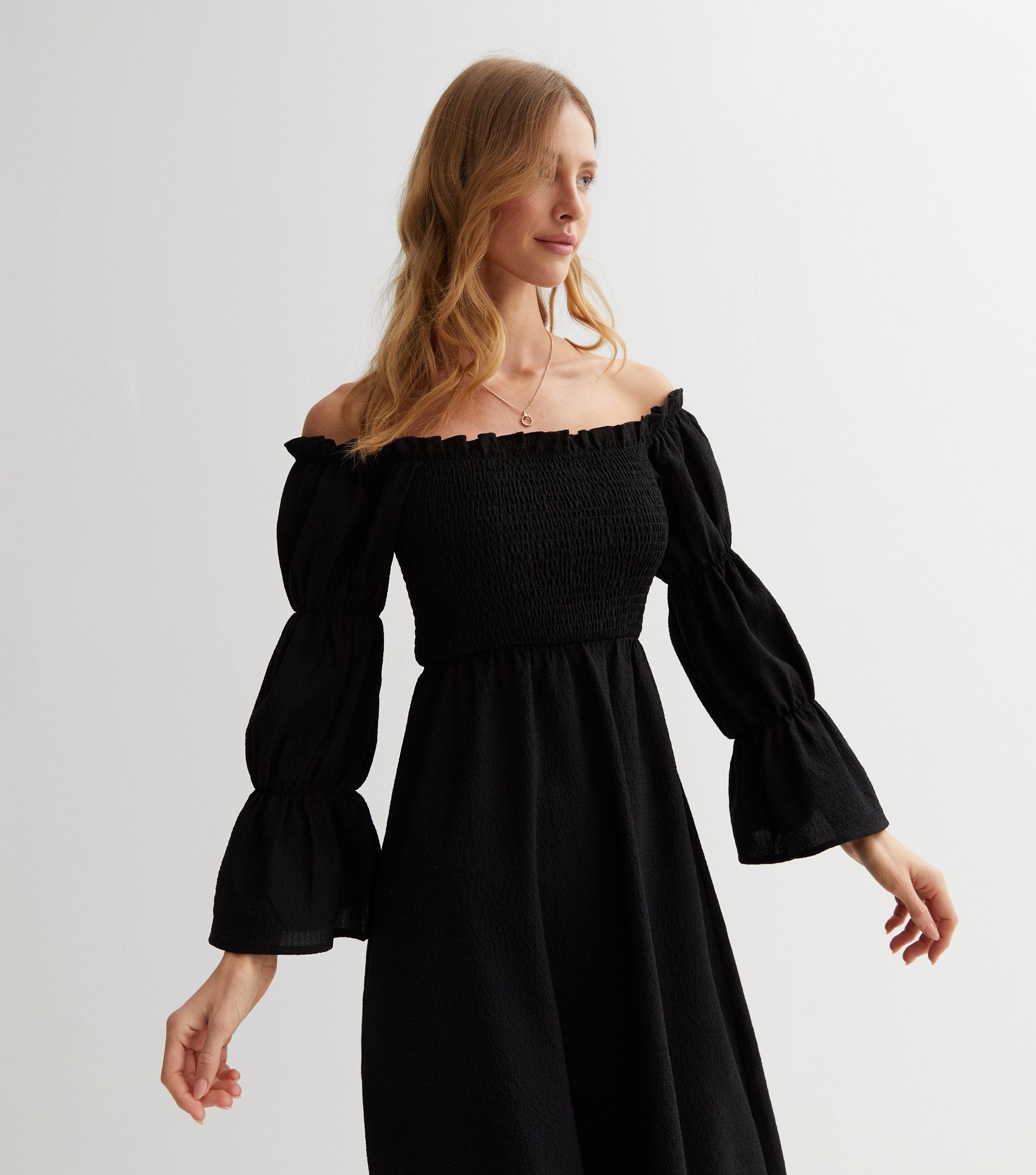 Black Textured Shirred Top Smock Midi Dress