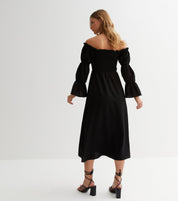 Black Textured Shirred Top Smock Midi Dress