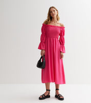 Pink Textured Shirred Top Smock Midi Dress