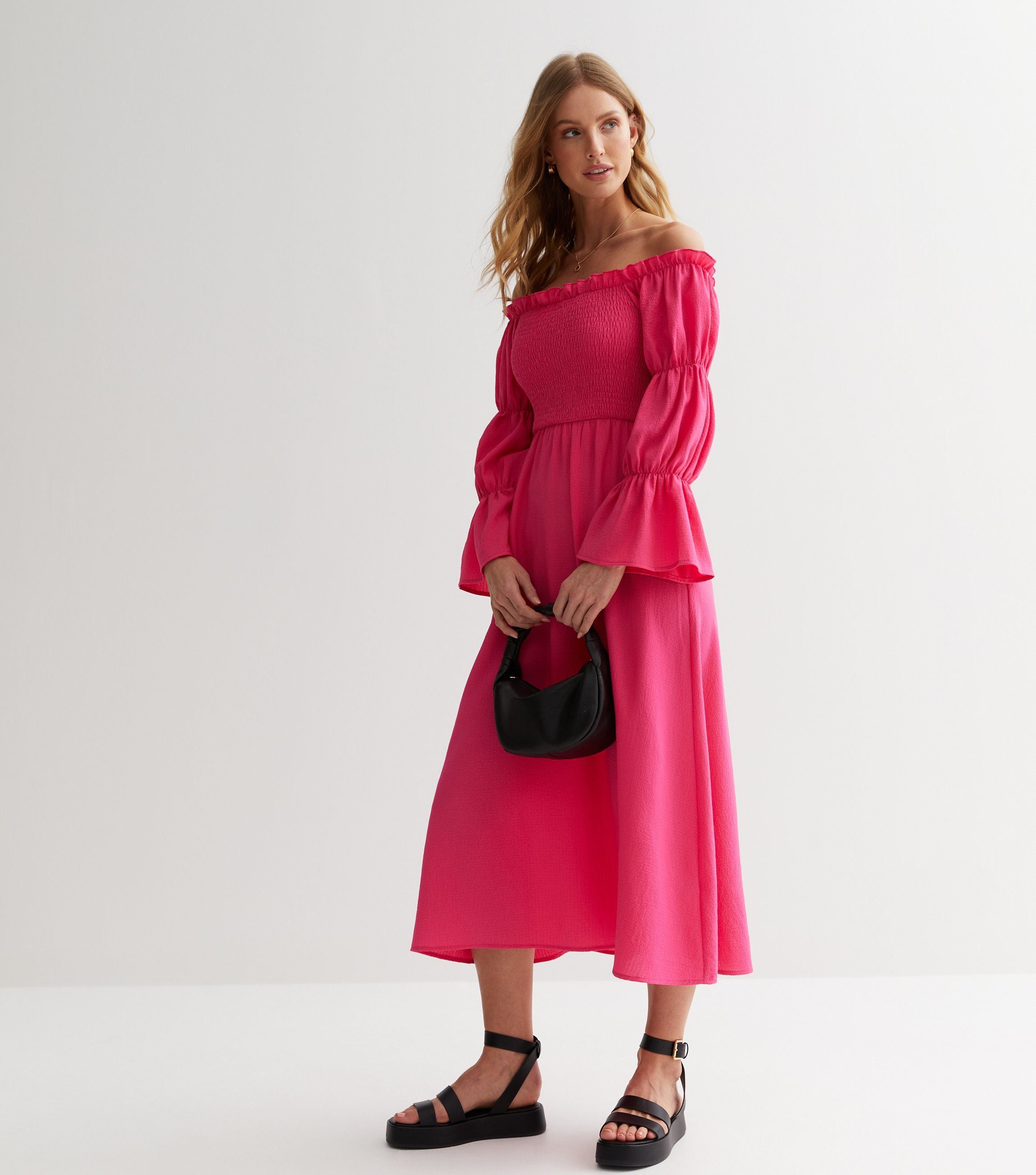 Pink Textured Shirred Top Smock Midi Dress