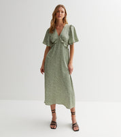 Green Satin Animal Print Angel Sleeves Midi Dress