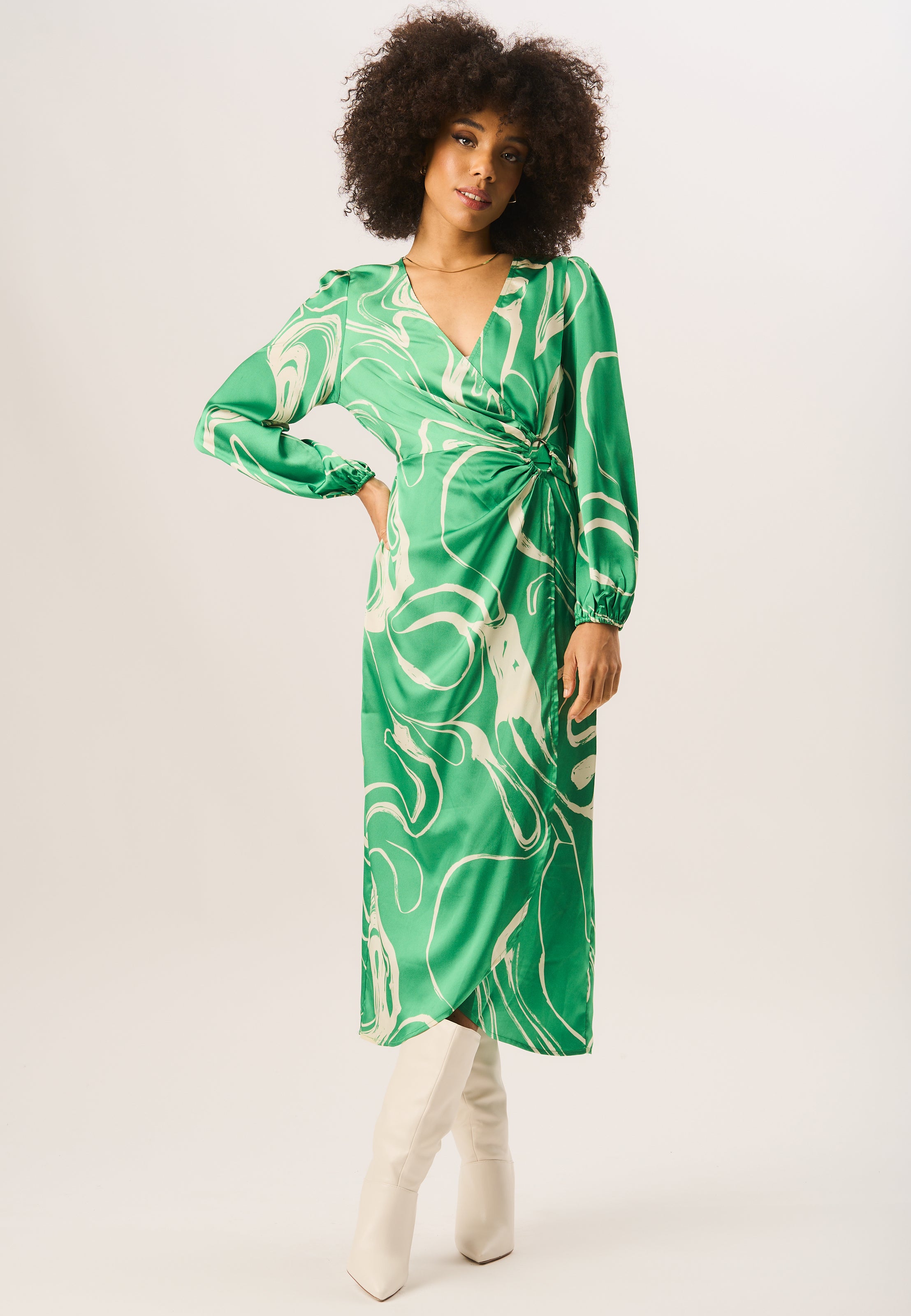 Green Swirl Print Ring Detail Wrap Midi Dress