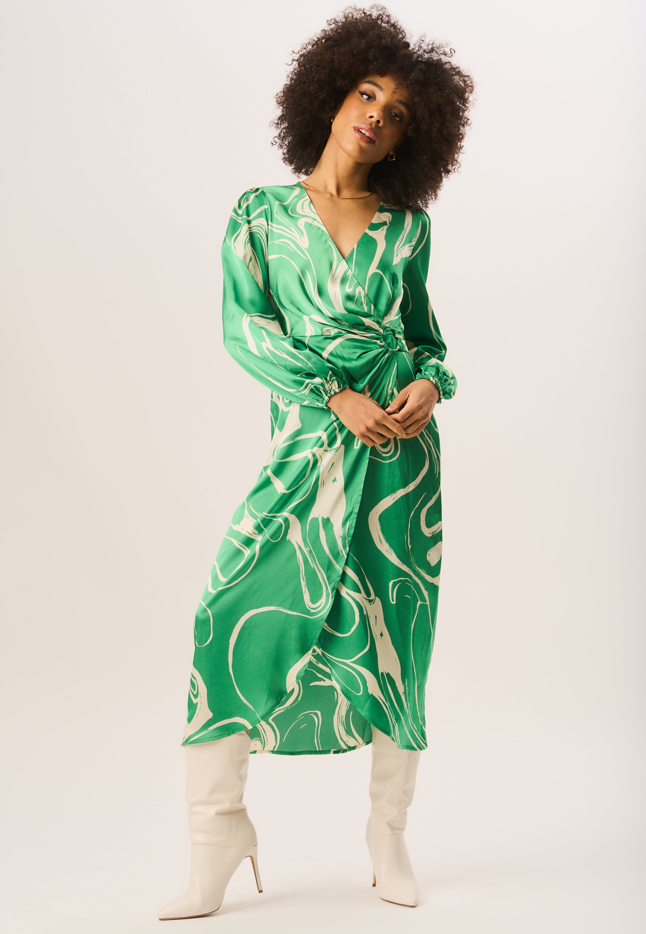 Green Swirl Print Ring Detail Wrap Midi Dress