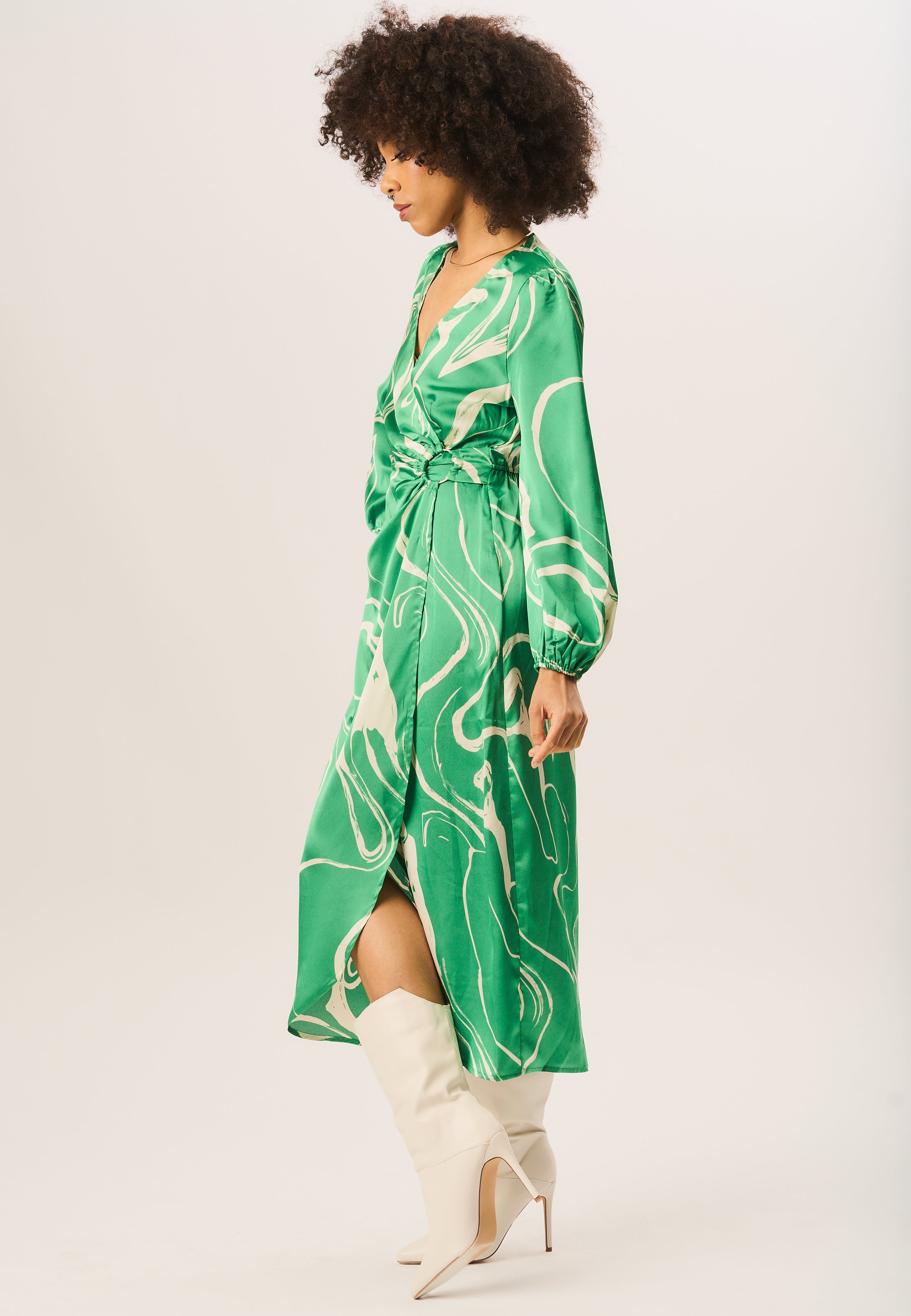 Green Swirl Print Ring Detail Wrap Midi Dress