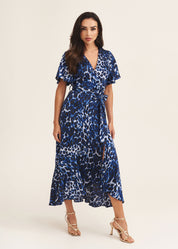 Blue Animal Print Wrap Occassion Midi Dress