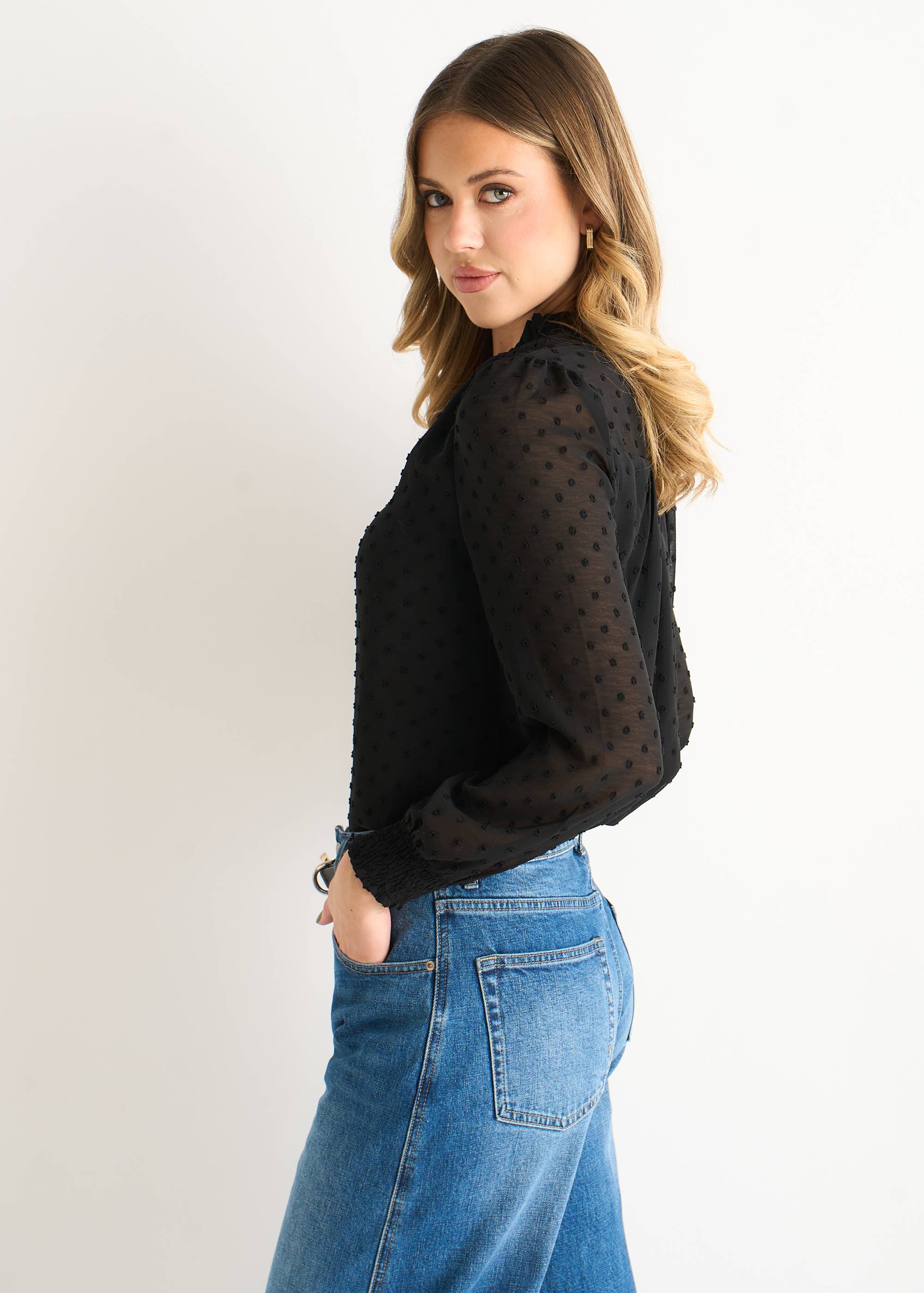 Black Dobby Chiffon Frill Neck Blouse