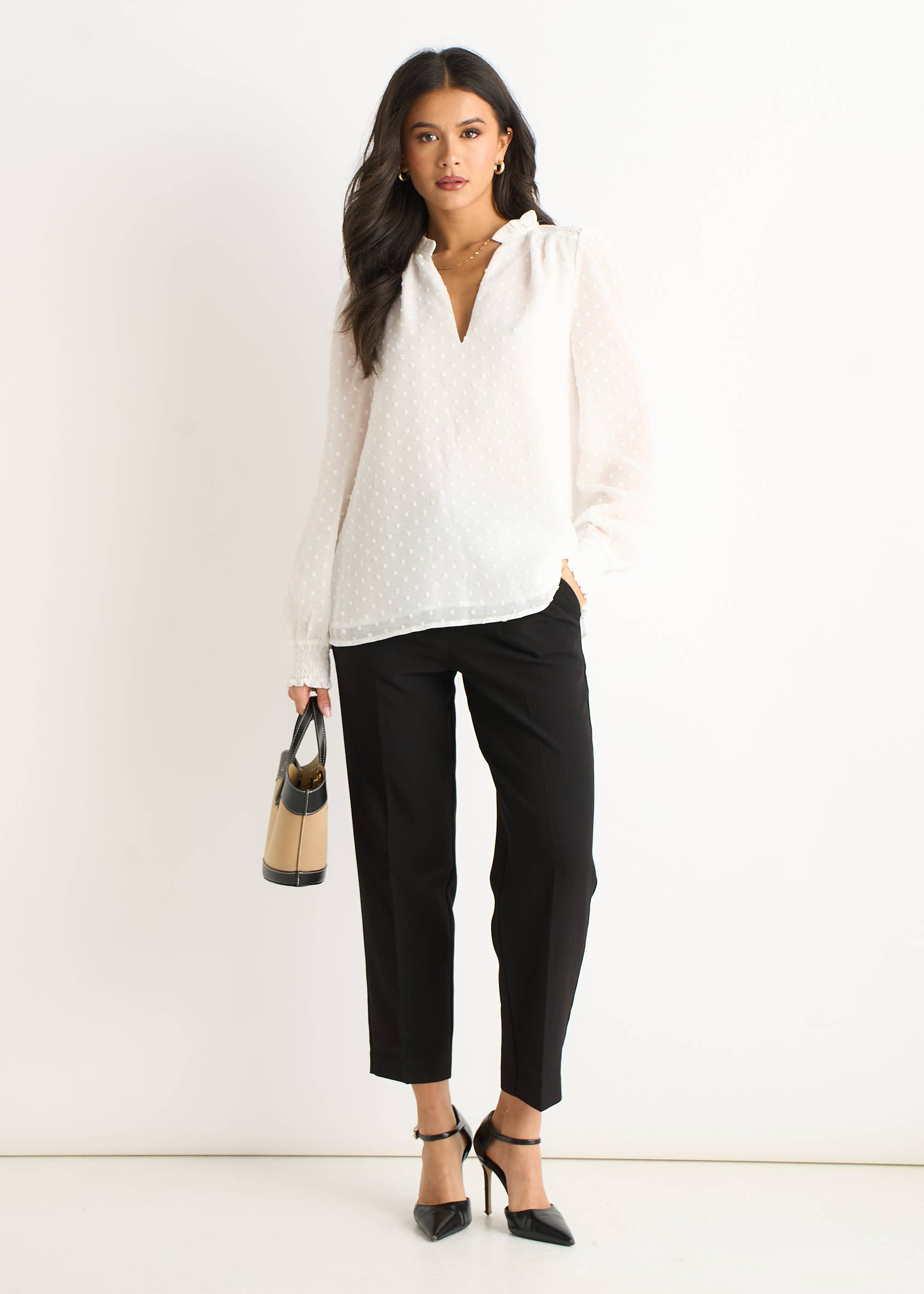 White Dobby Chiffon Frill Neck Blouse
