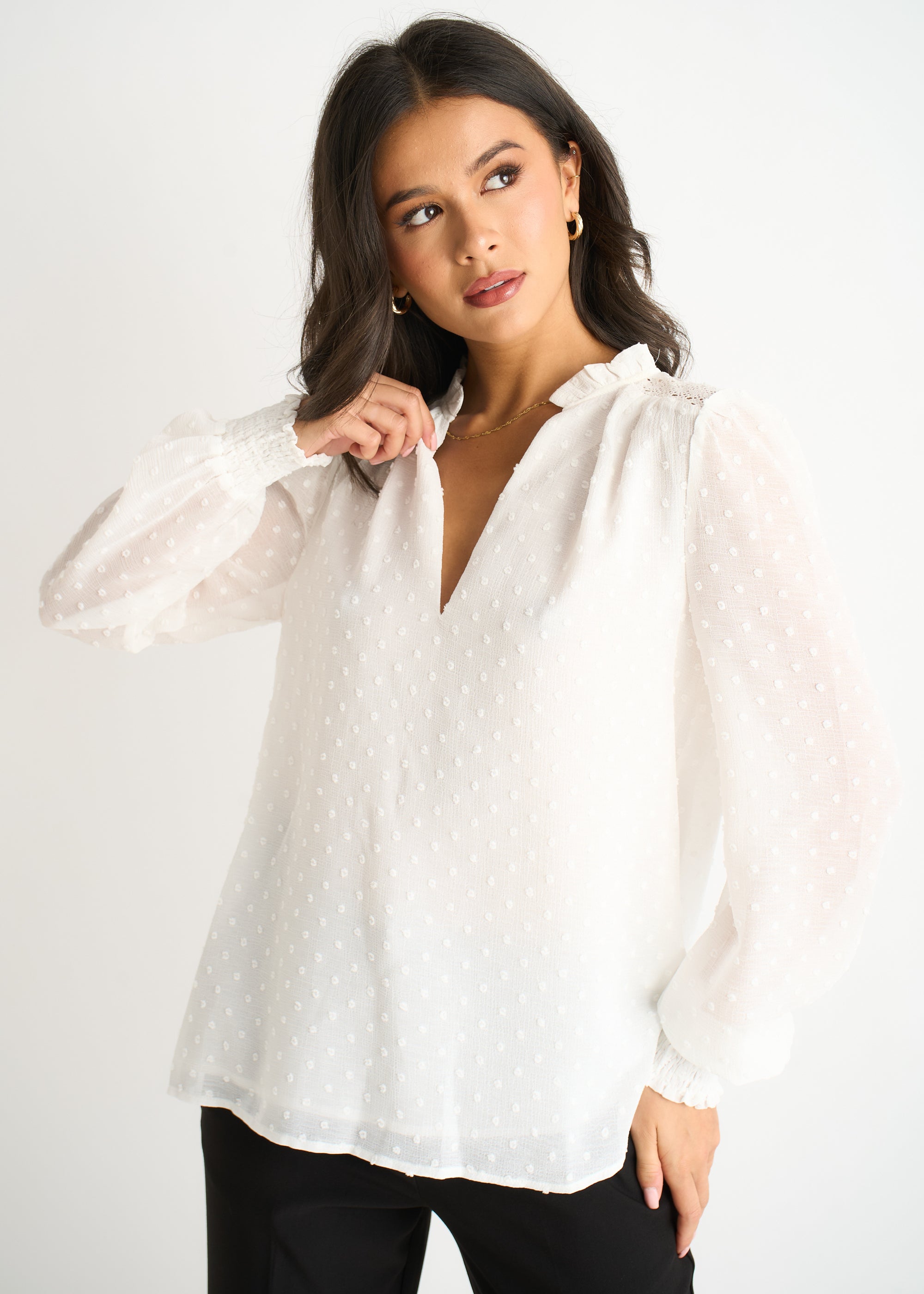 Dobby Chiffon Frill Neck Blouse