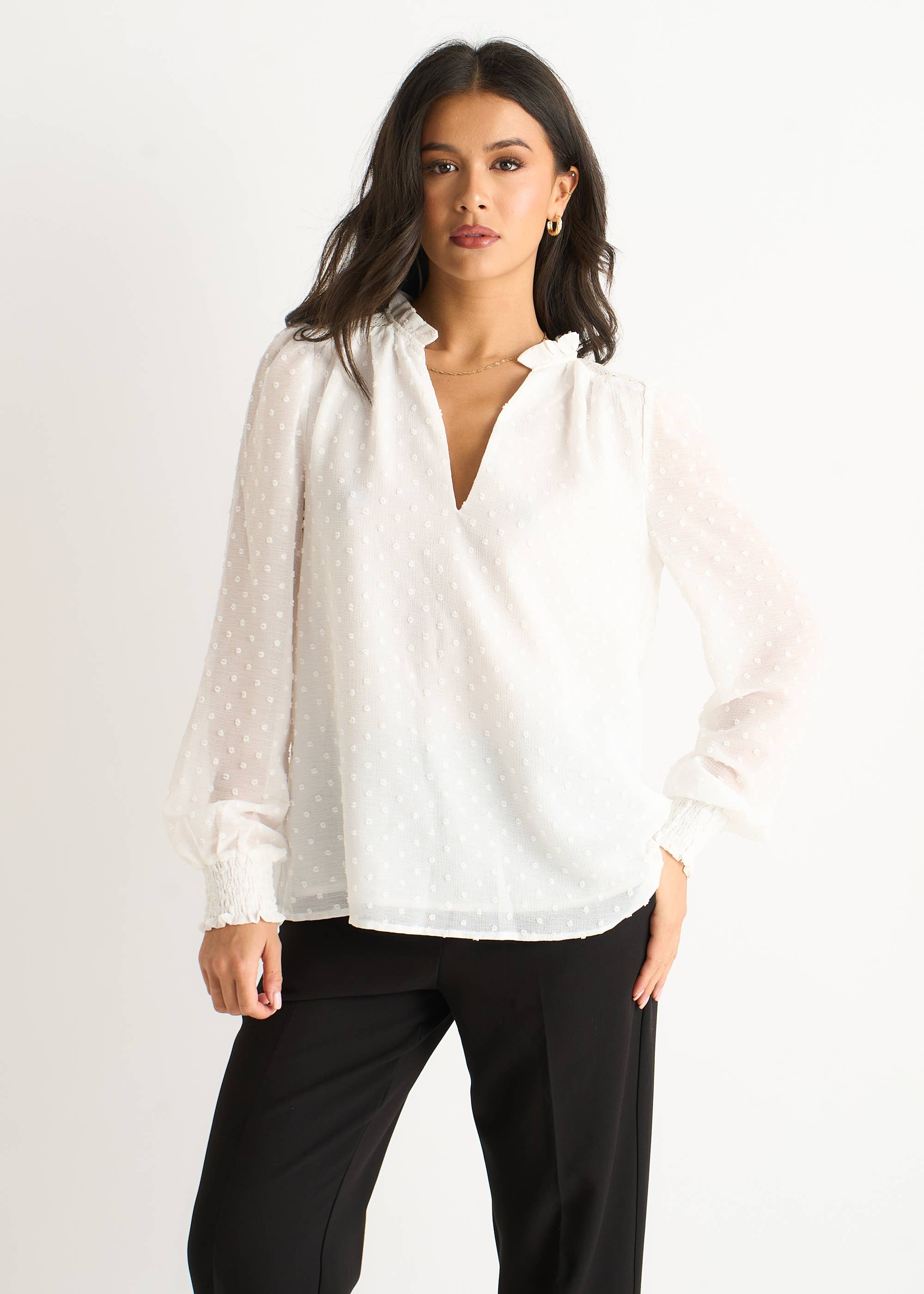 White Dobby Chiffon Frill Neck Blouse