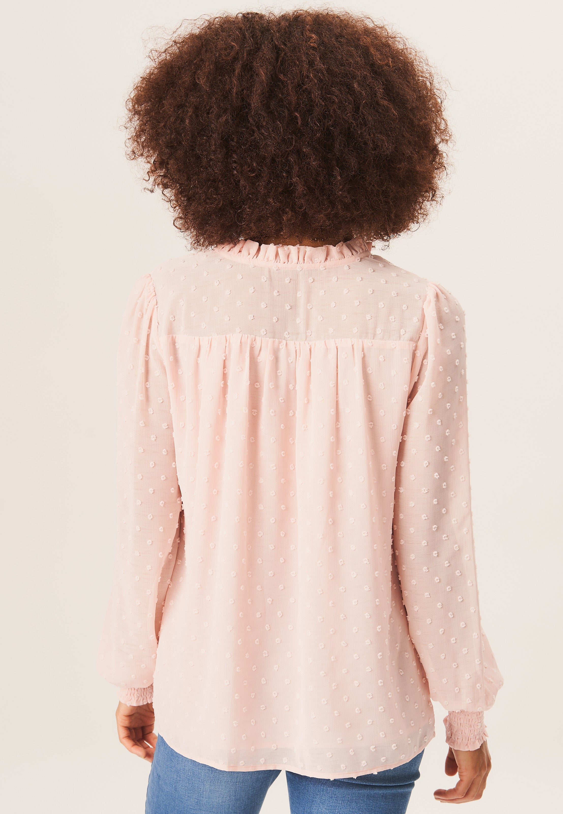 Light Pink Dobby Chiffon Frill Neck Blouse