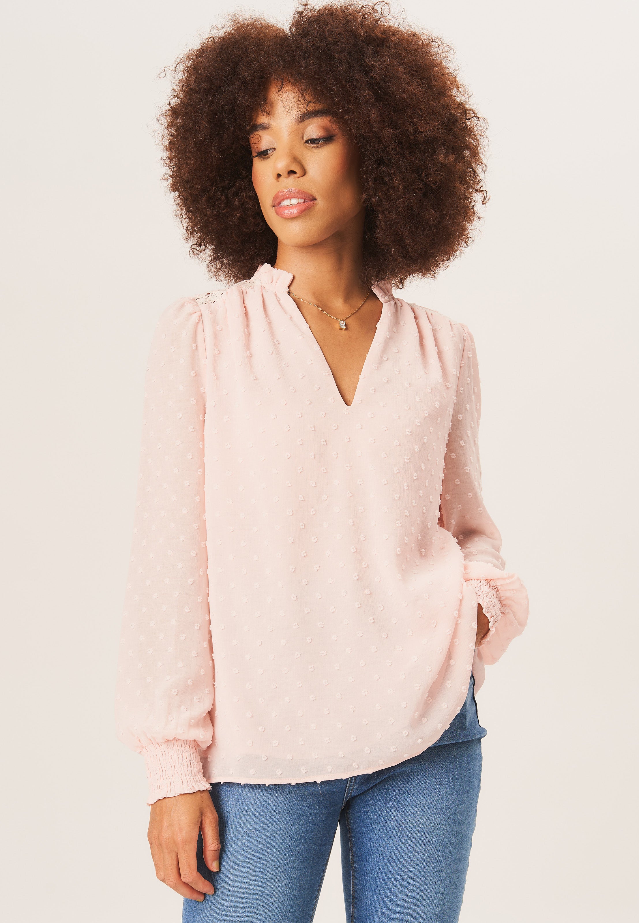 Light Pink Dobby Chiffon Frill Neck Blouse