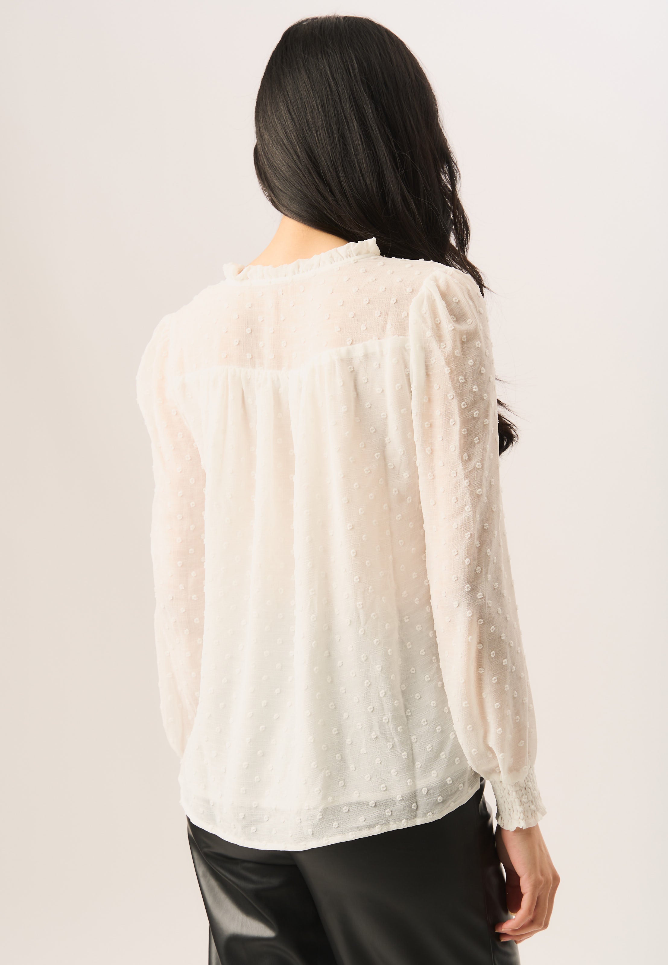 White Dobby Chiffon Frill Neck Blouse