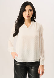 White Dobby Chiffon Frill Neck Blouse