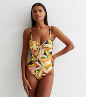Multi Tropical Palm Swimsuit with Gold Shell Hardware