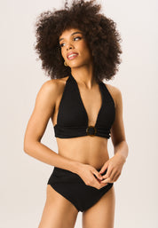 Black Textured High Waisted Bottoms with Ring Belt Detail