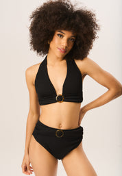 Black Textured High Waisted Bottoms with Ring Belt Detail