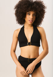 Black Textured Halter Bikini Top with Ring Detail