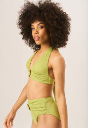 Sage Green Textured High Waisted Bottoms with Ring Belt Detail