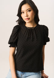 Black Dobby Chiffon Shirred Cuff Blouse