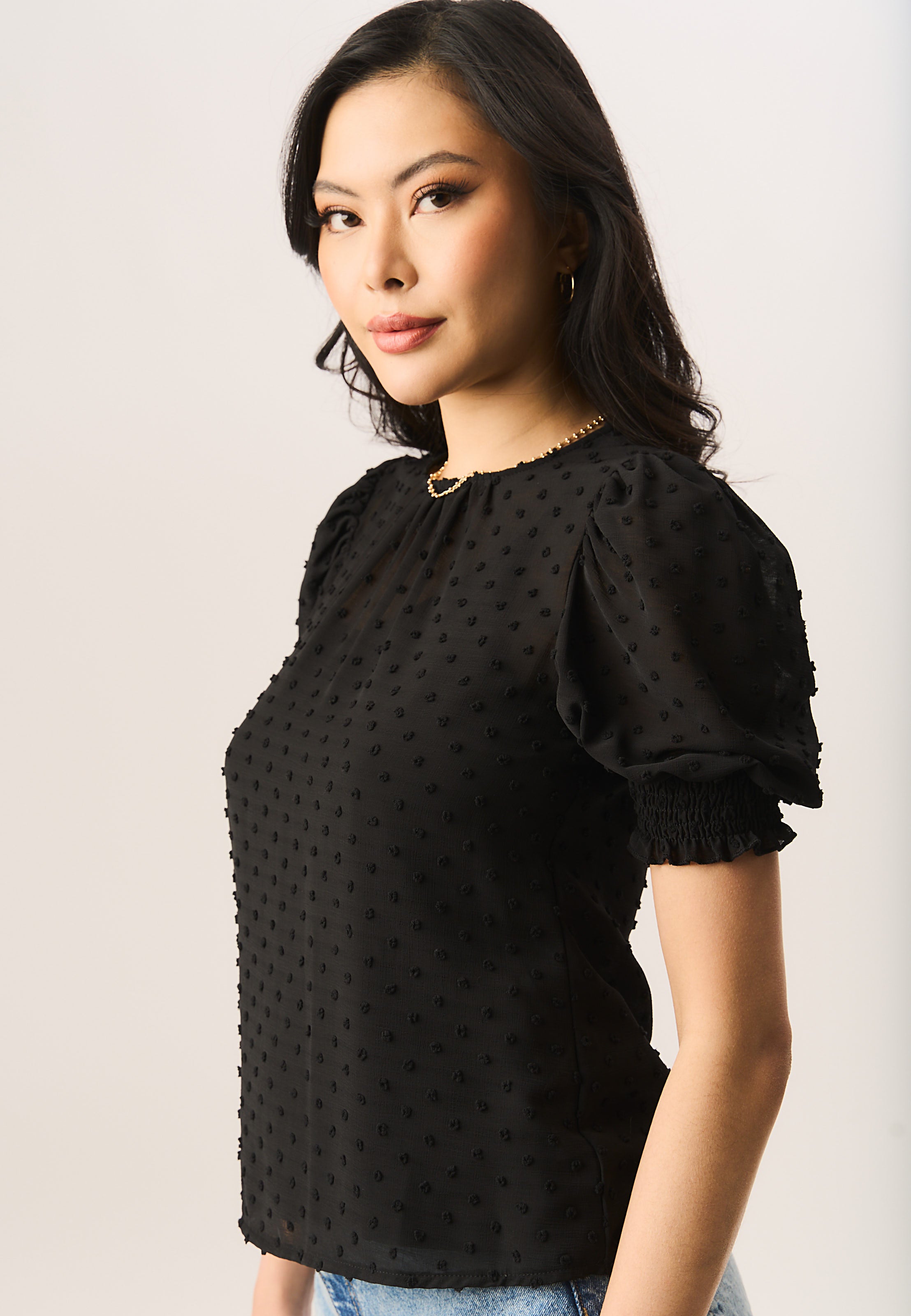 Black Dobby Chiffon Shirred Cuff Blouse