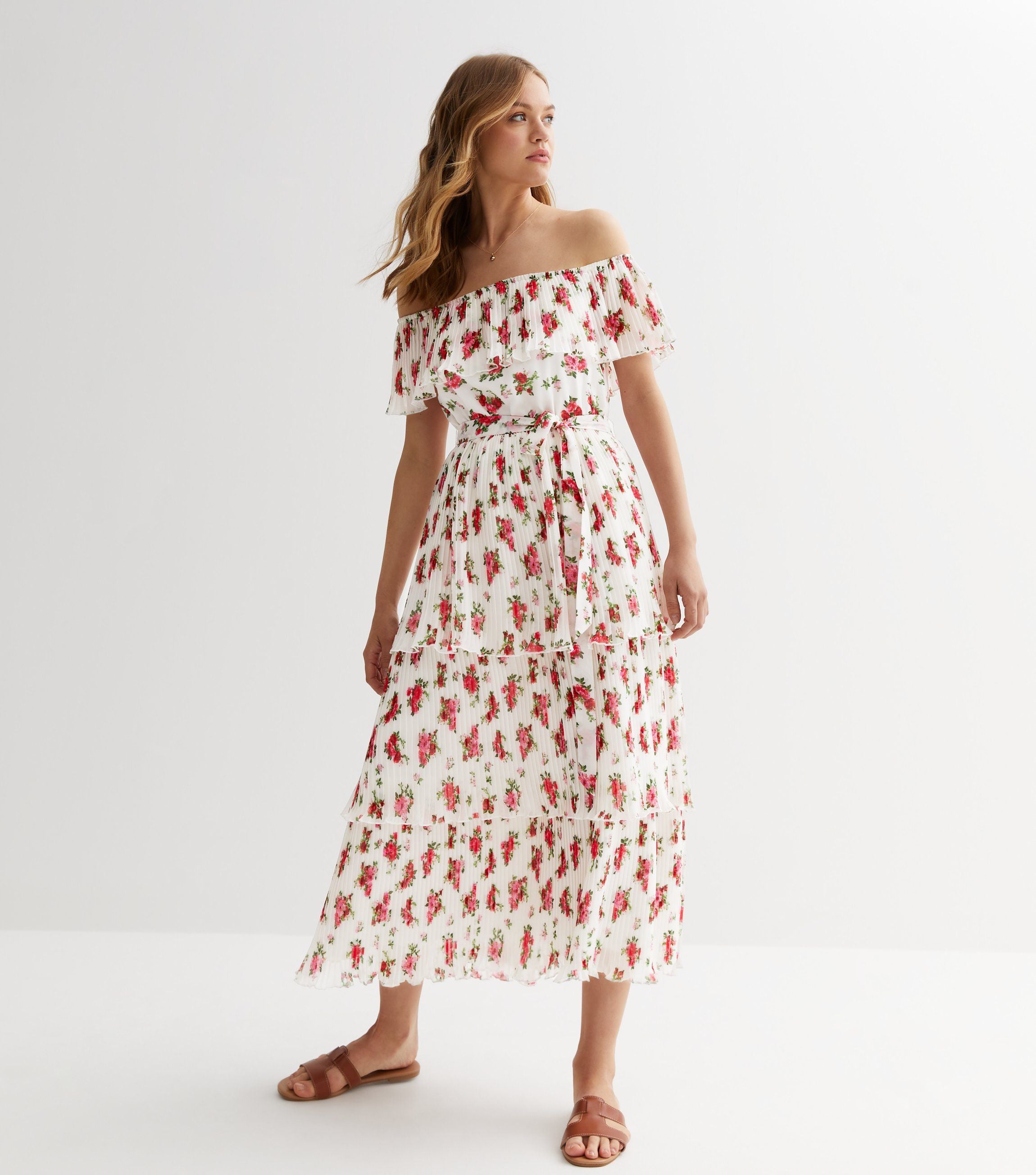 Ivory Rose Print Pleated Tiered Bardot Midaxi Dress