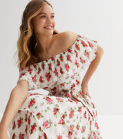 Ivory Rose Print Pleated Tiered Bardot Midaxi Dress