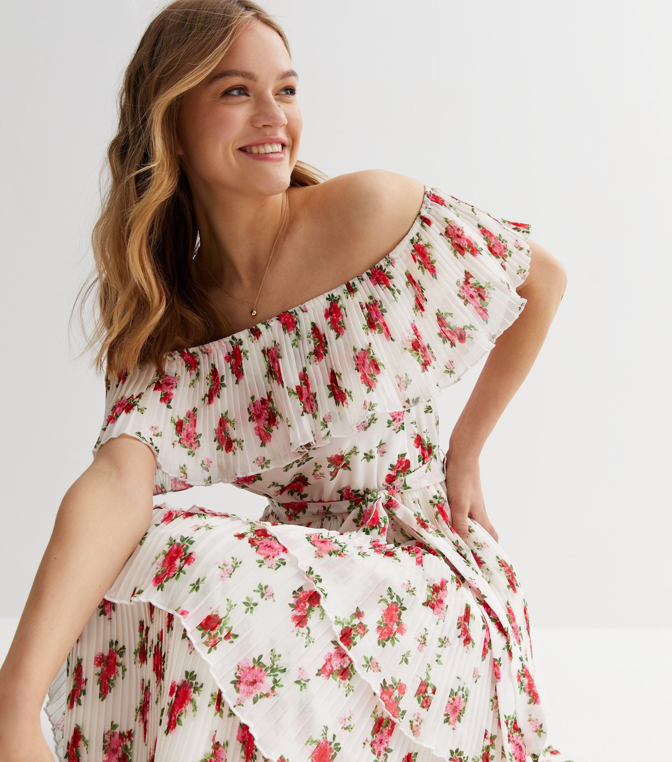 Ivory Rose Print Pleated Tiered Bardot Midaxi Dress