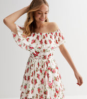 Ivory Rose Print Pleated Tiered Bardot Midaxi Dress