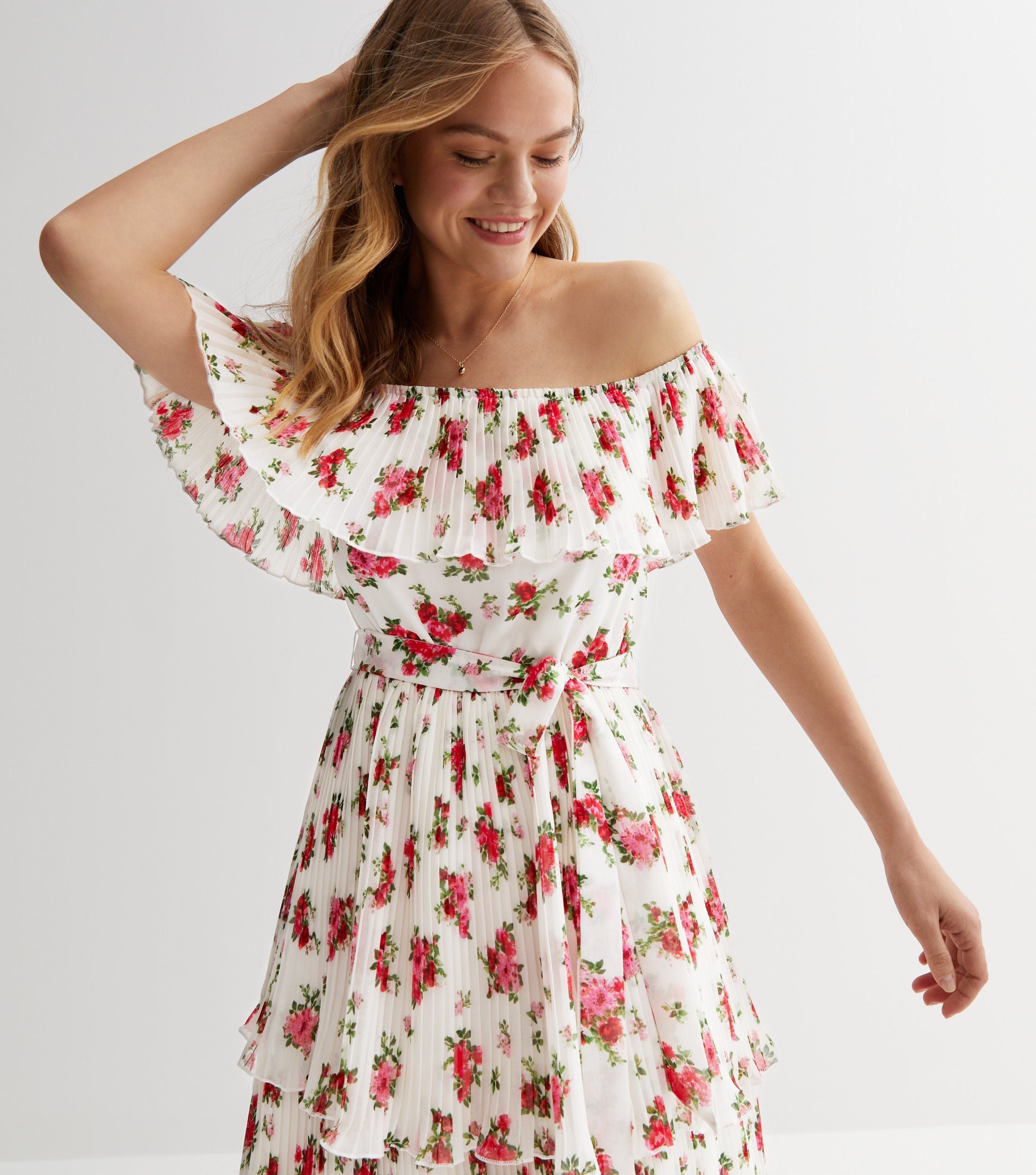 Ivory Rose Print Pleated Tiered Bardot Midaxi Dress