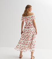 Ivory Rose Print Pleated Tiered Bardot Midaxi Dress