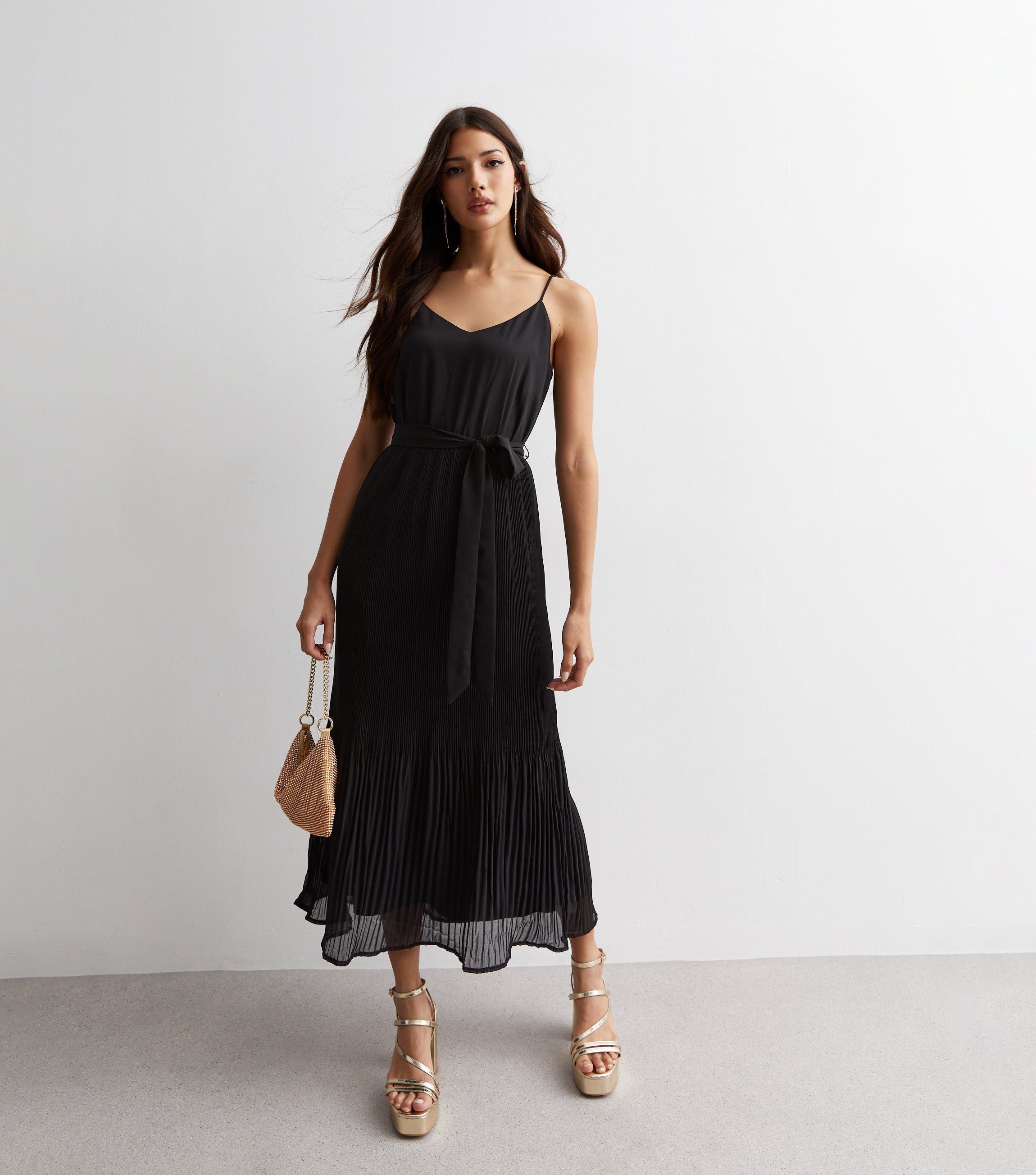 Black Cami Top Pleated Midi Dress