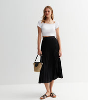 Black Pleated Elasticated Waist Midi Skirt
