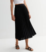 Black Pleated Elasticated Waist Midi Skirt