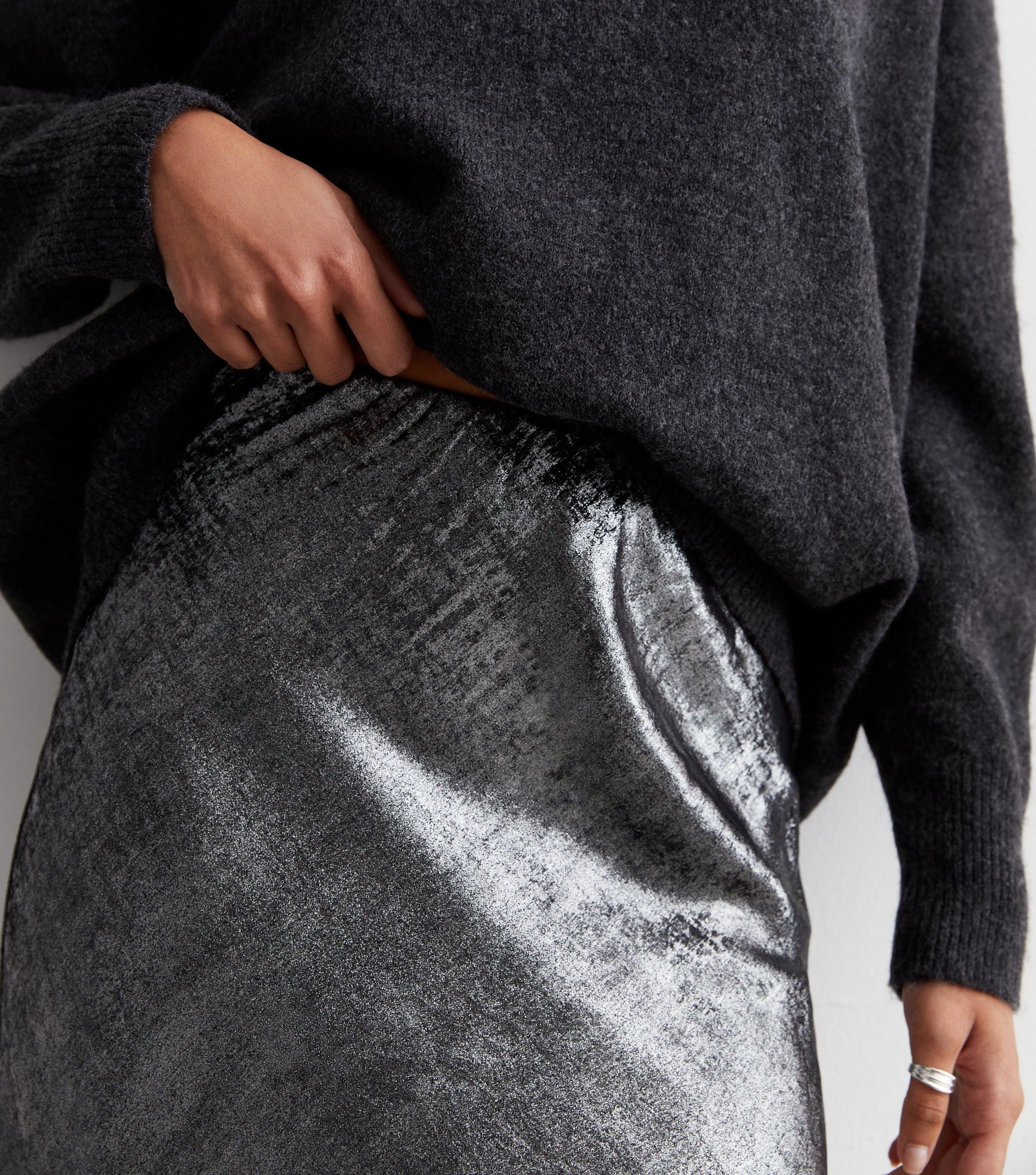 Silver Metallic Flare Midi Skirt