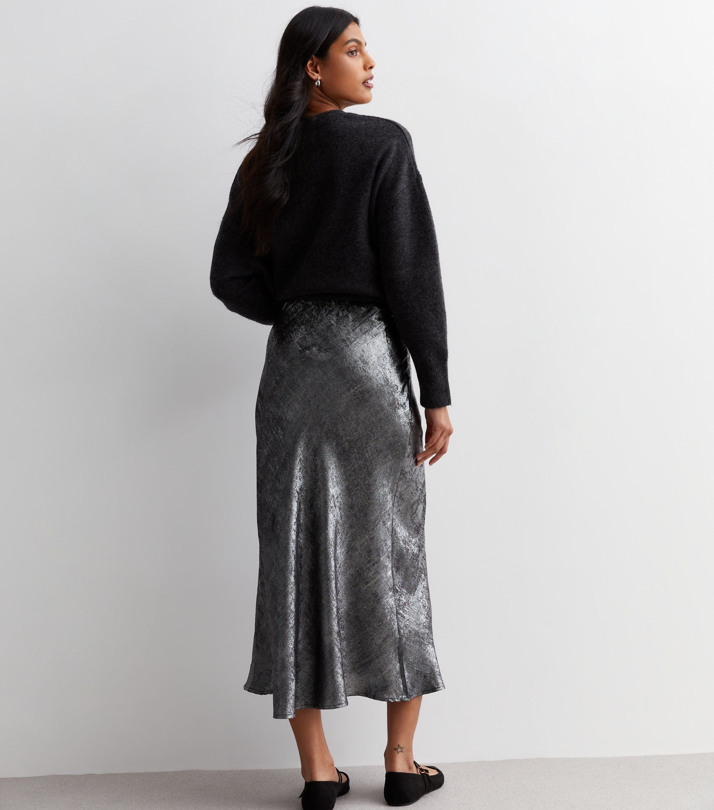 Silver Metallic Flare Midi Skirt