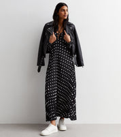 Black Polka Dot Pleated Cut Out Maxi Dress