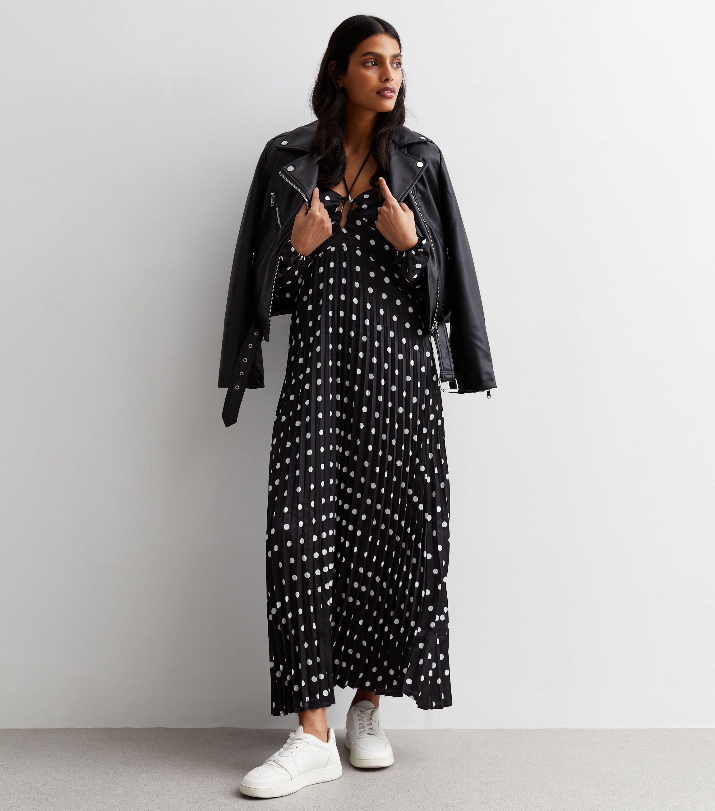 Black Polka Dot Pleated Cut Out Maxi Dress