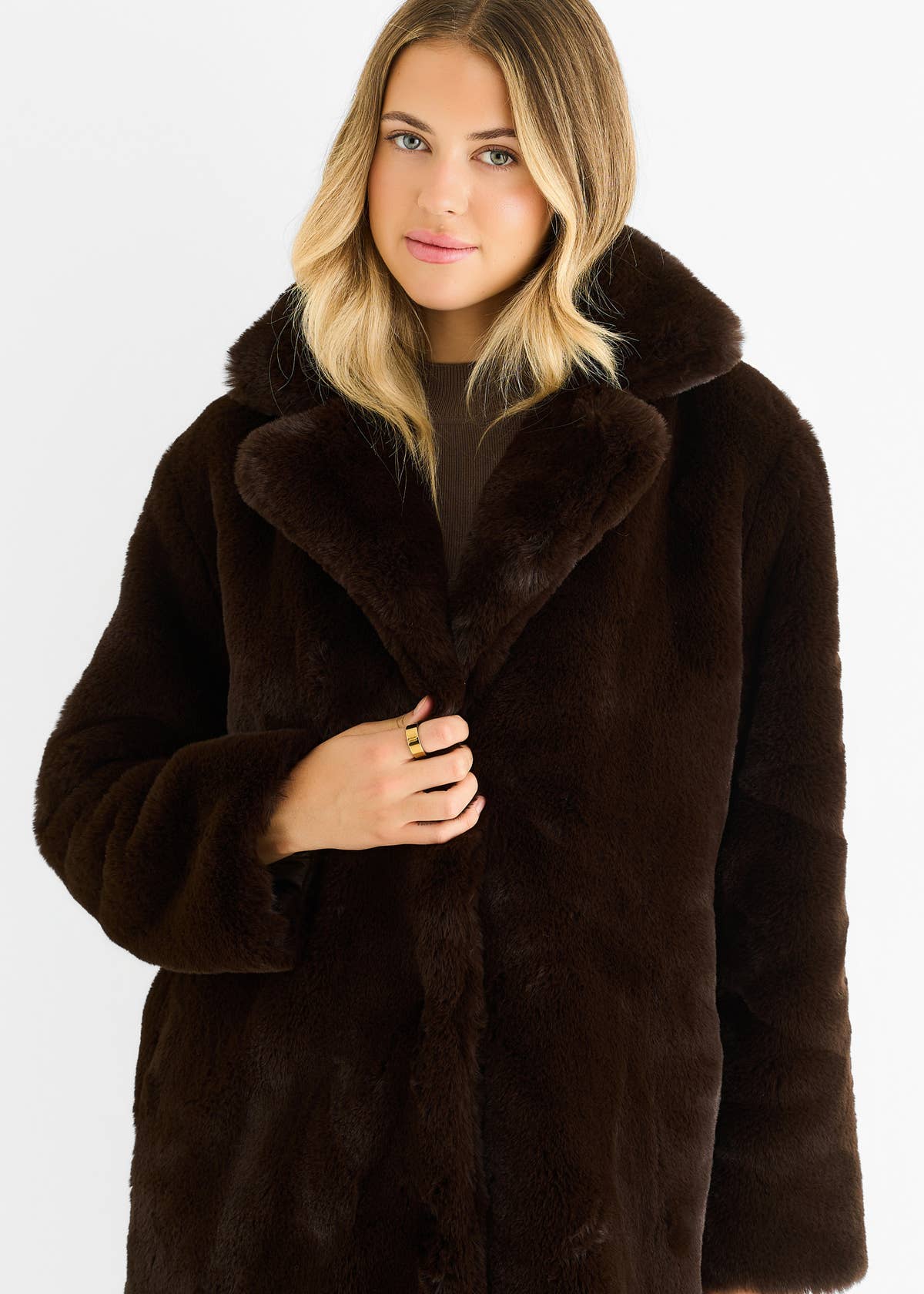Chocolate Faux Fur Lapel Collar Longline Coat – View 1 | Gini London