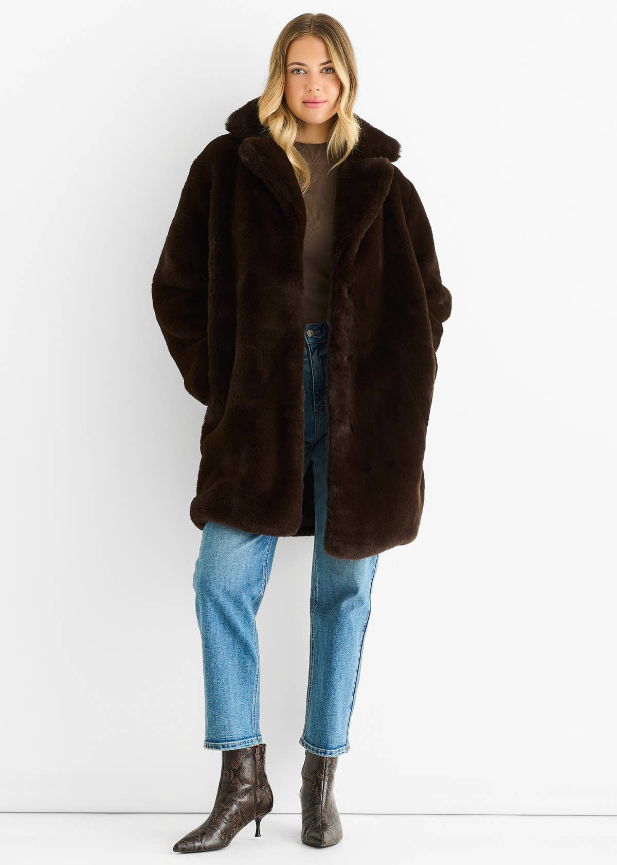 Chocolate Faux Fur Lapel Collar Longline Coat – View 2 | Gini London