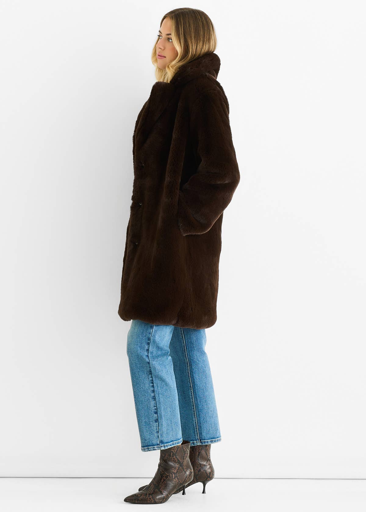 Chocolate Faux Fur Lapel Collar Longline Coat – View 3 | Gini London