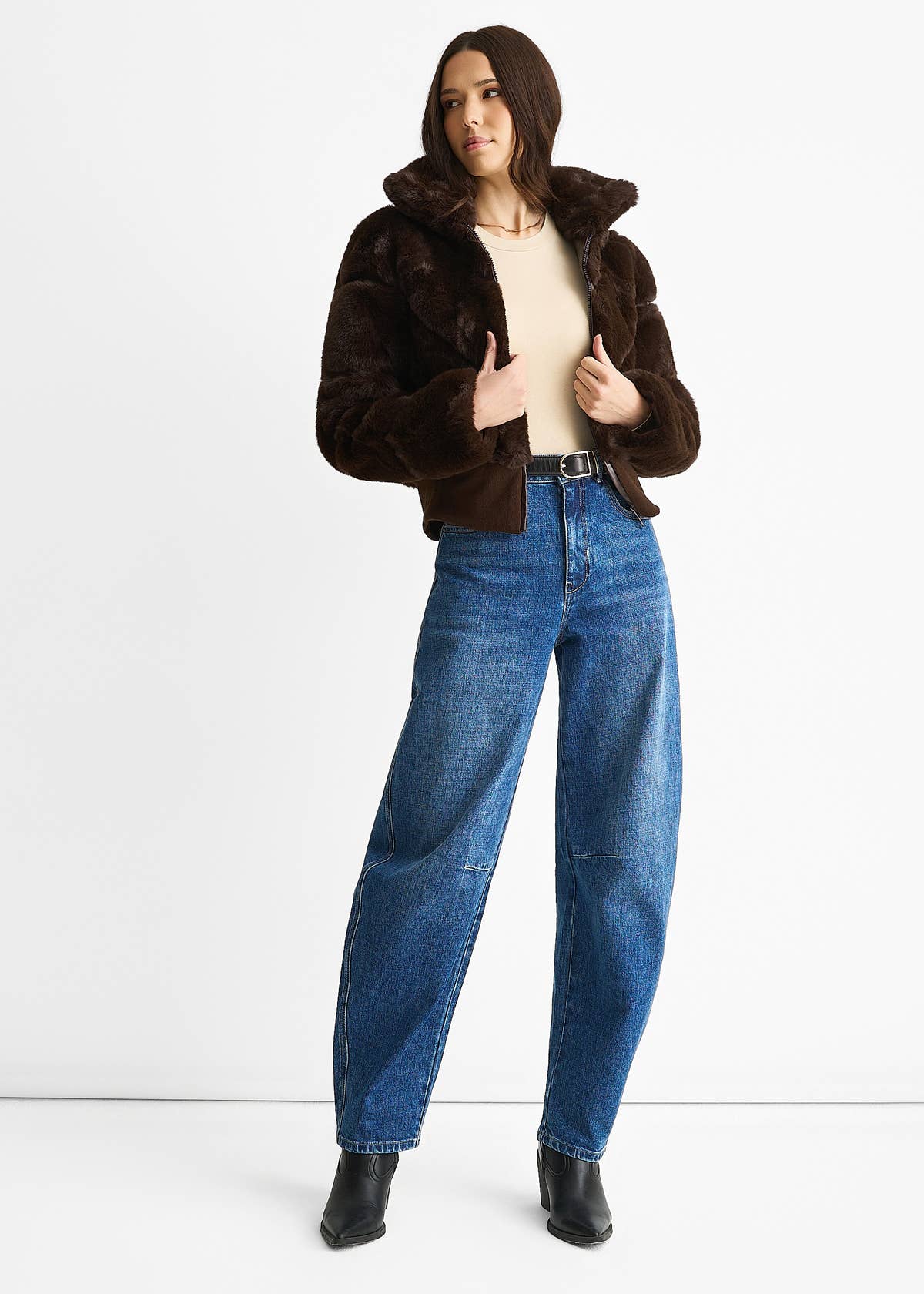 Chocolate Faux Fur Zip Front Short Jacket – View 2 | Gini London