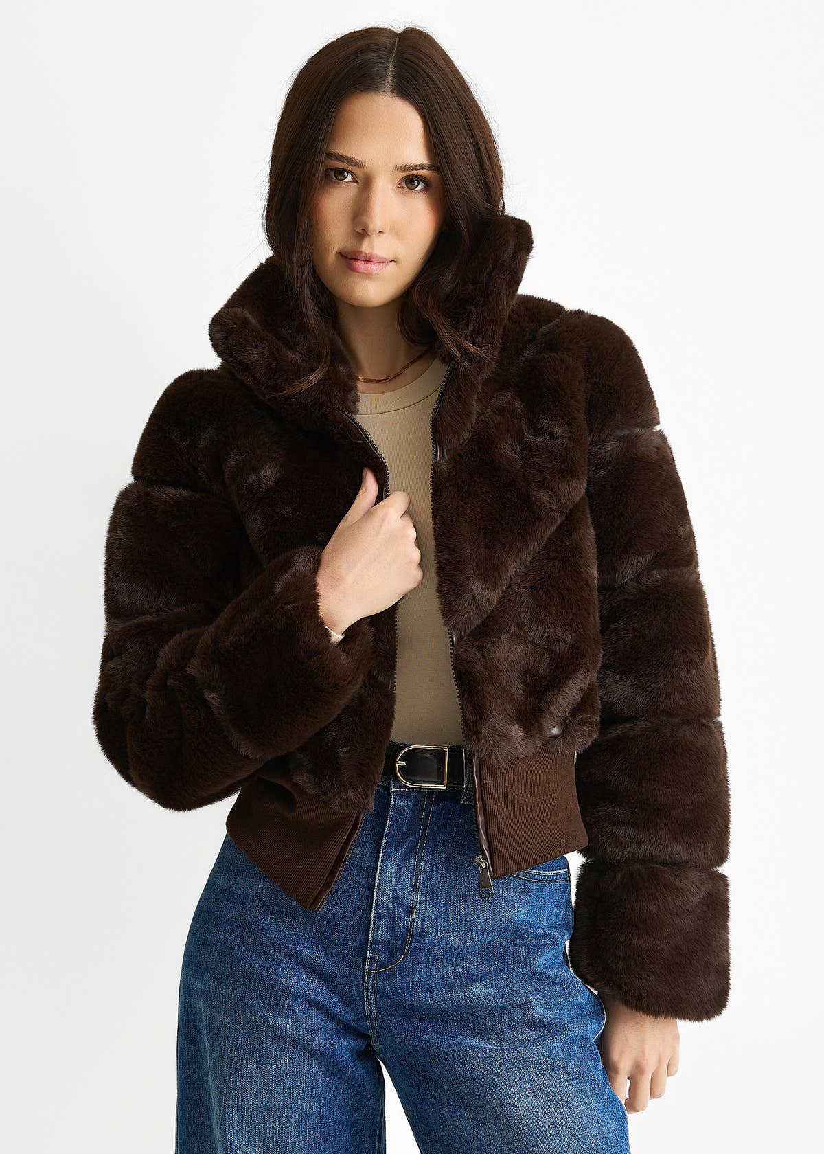 Chocolate Faux Fur Zip Front Short Jacket – View 1 | Gini London