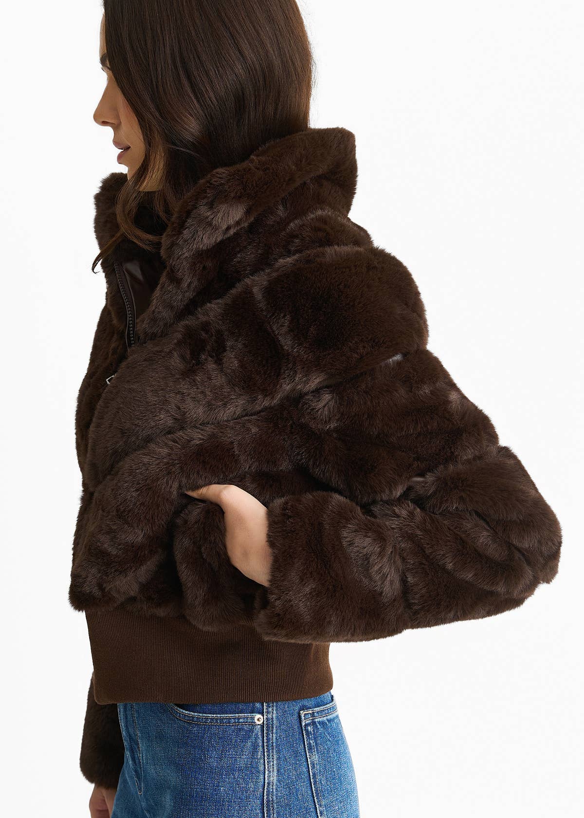 Chocolate Faux Fur Zip Front Short Jacket – View 3 | Gini London