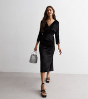 Black Velvet Wrap Top Midi Dress