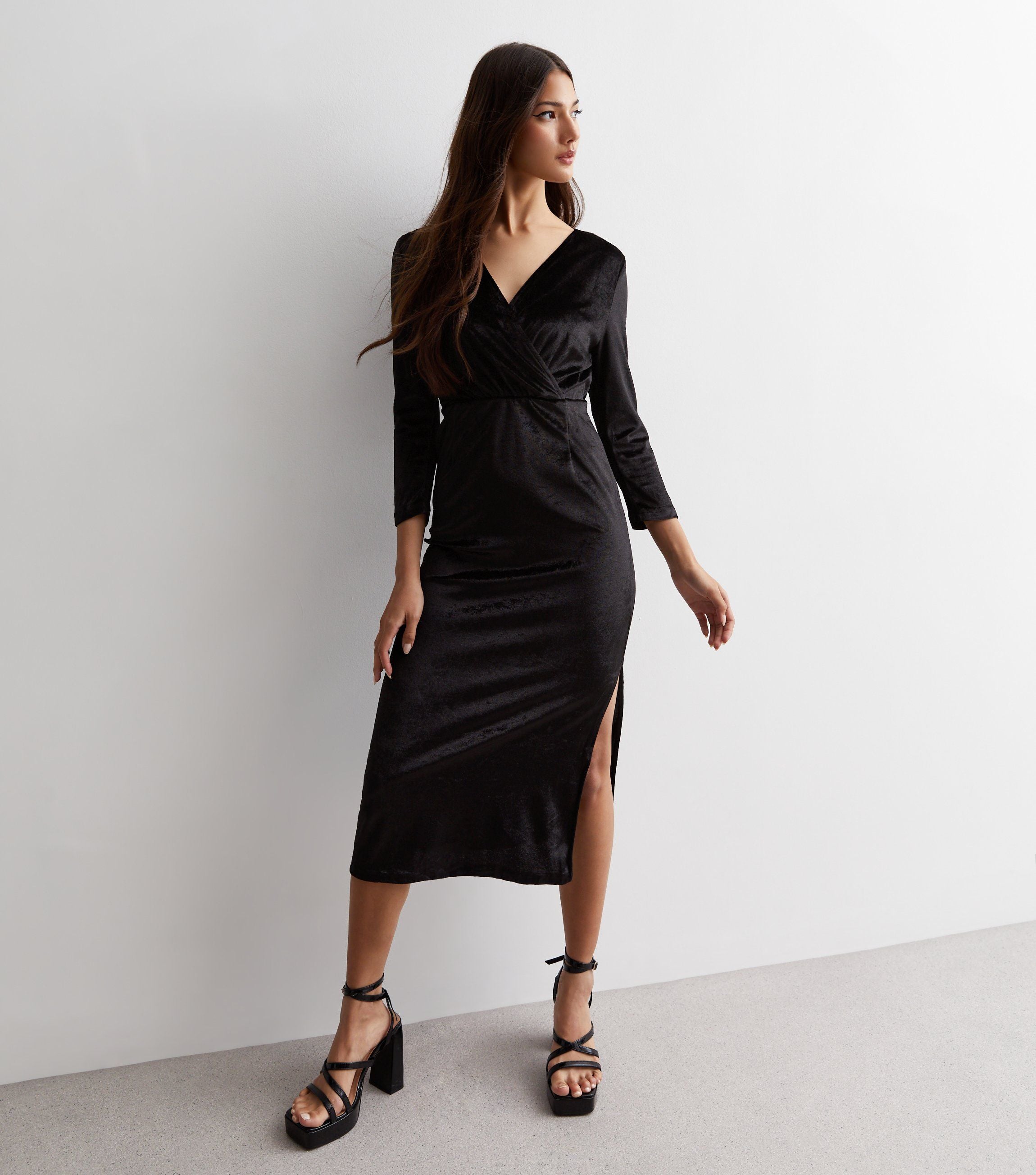 Black Velvet Wrap Top Midi Dress