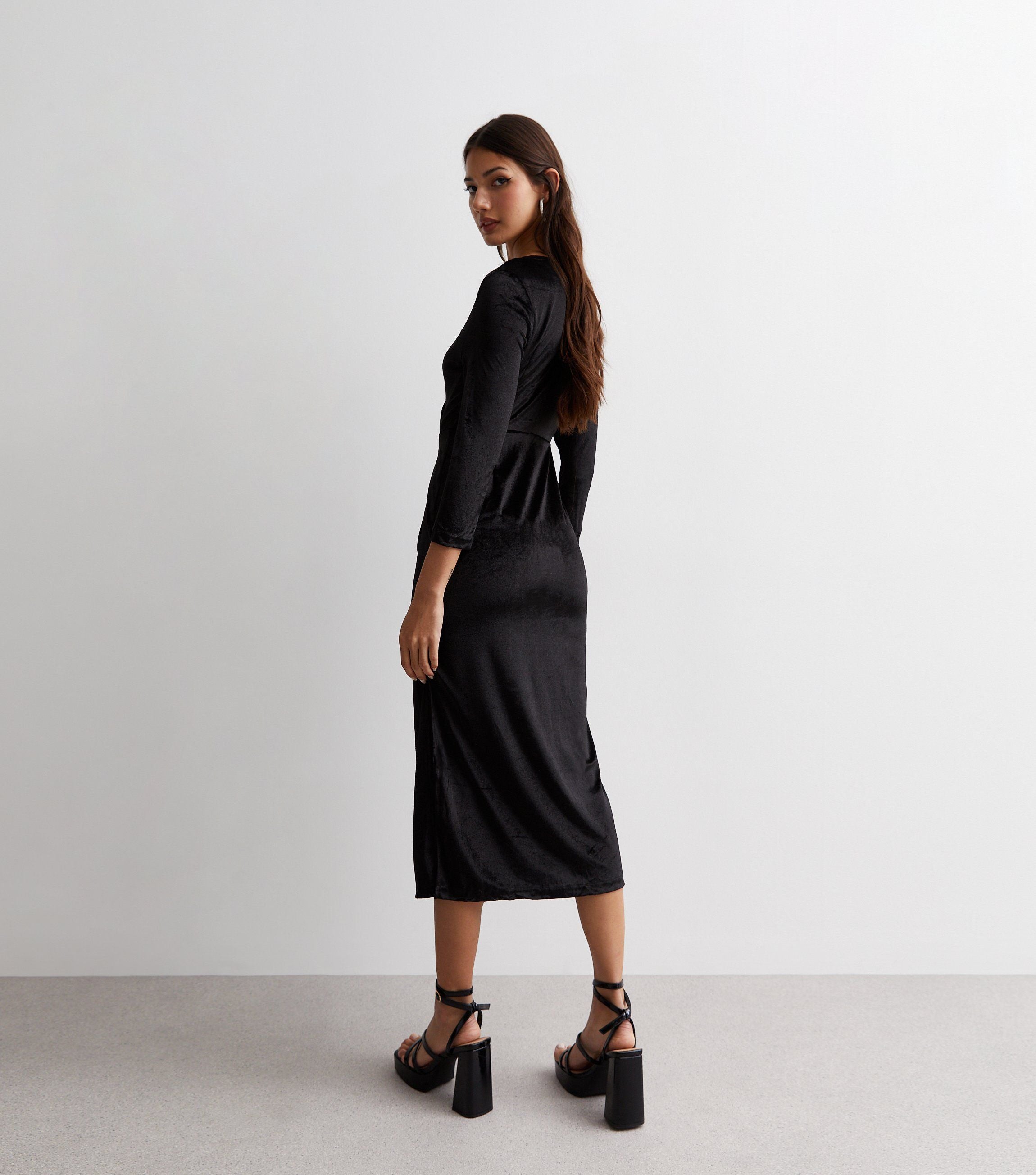 Black Velvet Wrap Top Midi Dress