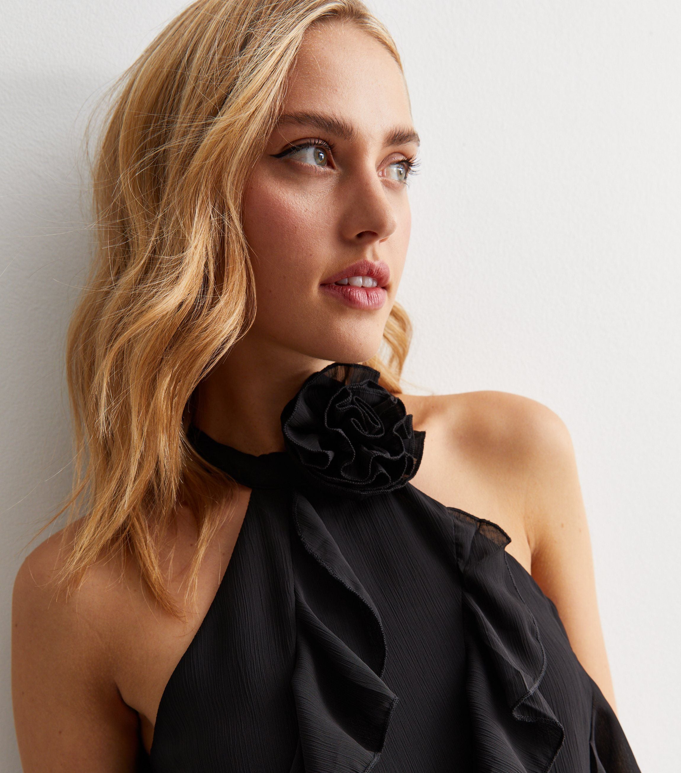 Black Ruffle Detail Halter Neck Top